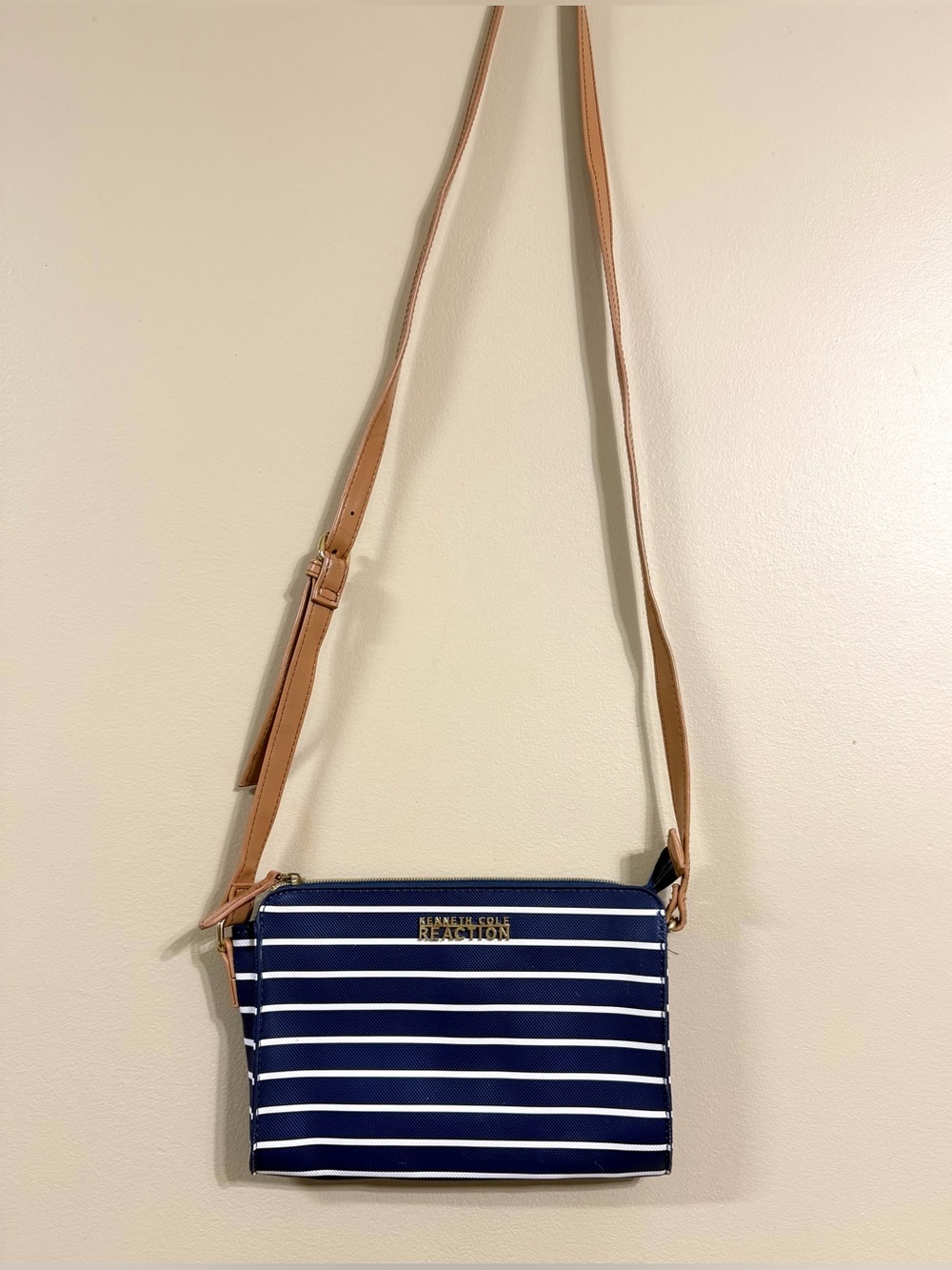 Kenneth Cole Reaction Navy and White Striped Crossbody with Tan Strap